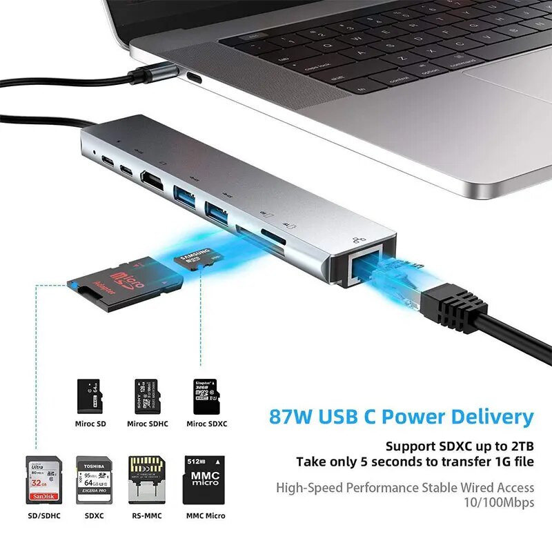8 viename C tipo Usb C šakotuvas 3 0 prijungimo stotelė su 10/100 Mbps RJ45 garso lizdu TF/SD skaitytuvu 4K HDMI PD nešiojamam kompiuteriui Macbook 2021 Pro