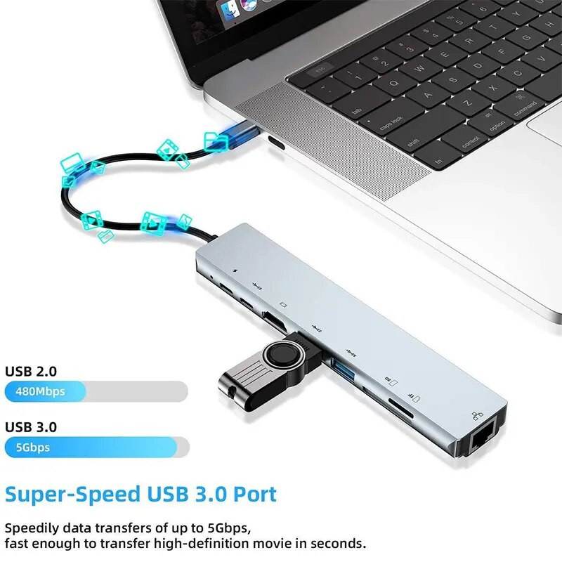 8 viename C tipo Usb C šakotuvas 3 0 prijungimo stotelė su 10/100 Mbps RJ45 garso lizdu TF/SD skaitytuvu 4K HDMI PD nešiojamam kompiuteriui Macbook 2021 Pro