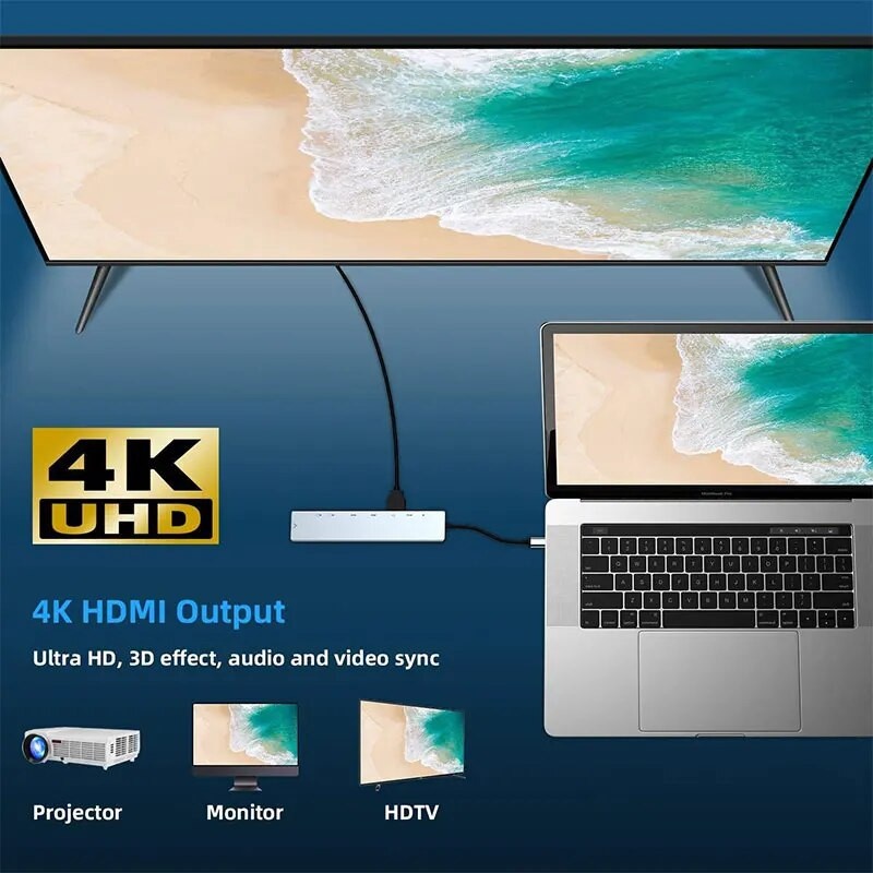 8 viename C tipo Usb C šakotuvas 3 0 prijungimo stotelė su 10/100 Mbps RJ45 garso lizdu TF/SD skaitytuvu 4K HDMI PD nešiojamam kompiuteriui Macbook 2021 Pro