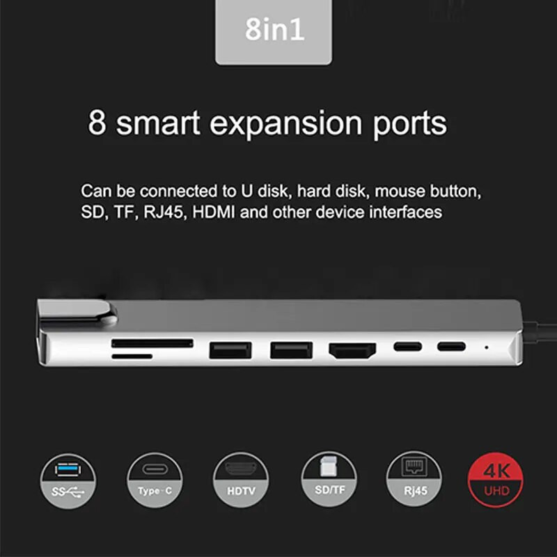 8 viename C tipo Usb C šakotuvas 3 0 prijungimo stotelė su 10/100 Mbps RJ45 garso lizdu TF/SD skaitytuvu 4K HDMI PD nešiojamam kompiuteriui Macbook 2021 Pro