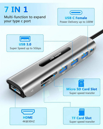 USB C хъб към 4K HDMI адаптер със 100W PD, 3 USB 3.0 SD/TF четеца на карти за MacBook/Pro/Air/iMac/iPad Pro Xiaomi Anker Notebook