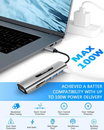 USB C хъб към 4K HDMI адаптер със 100W PD, 3 USB 3.0 SD/TF четеца на карти за MacBook/Pro/Air/iMac/iPad Pro Xiaomi Anker Notebook