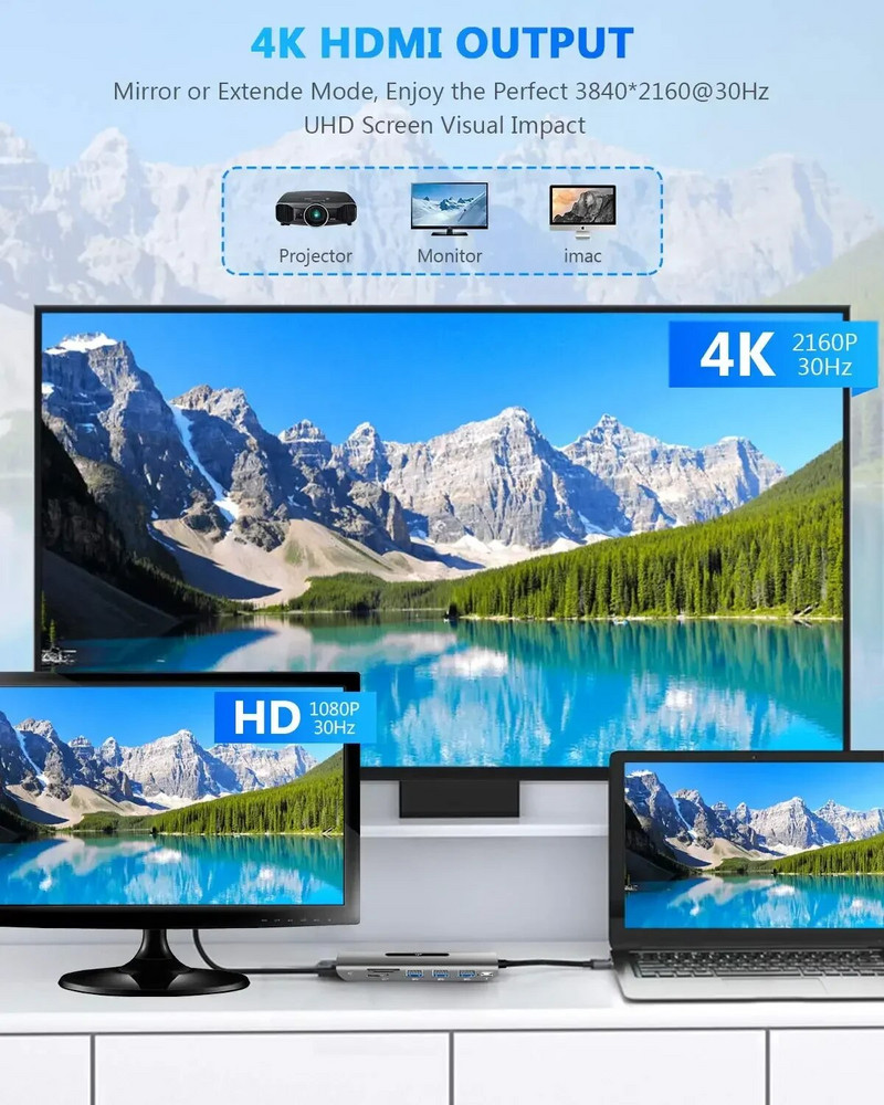 USB C šakotuvas į 4K HDMI adapterį su 100 W PD, 3 USB 3.0 SD/TF kortelių skaitytuvais, skirtais MacBook/Pro/Air/iMac/iPad Pro Xiaomi Anker nešiojamam kompiuteriui