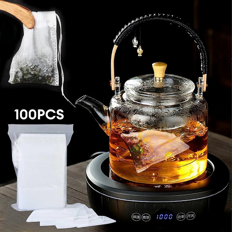 100 vnt/partioje Vienkartiniai arbatos maišelių filtravimo maišeliai Kelių dydžių arbatos maišeliai, skirti birių lapų arbatai kvepiantys raištelių maišeliai Kavos filtrų maišeliai