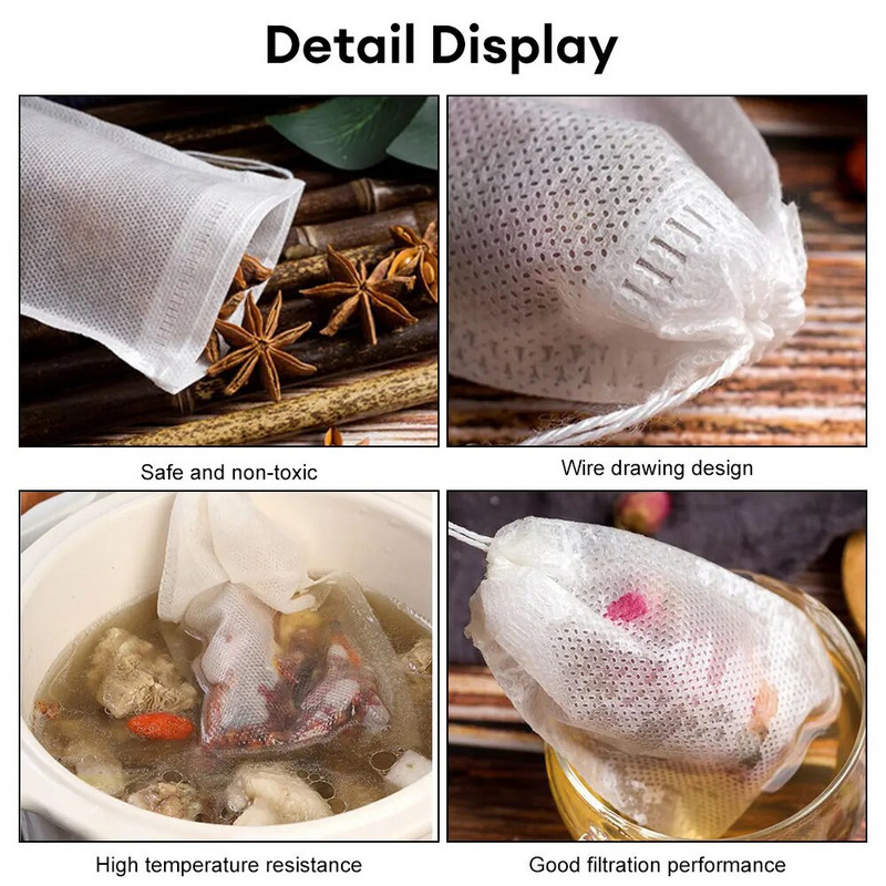 100 vnt/partioje Vienkartiniai arbatos maišelių filtravimo maišeliai Kelių dydžių arbatos maišeliai, skirti birių lapų arbatai kvepiantys raištelių maišeliai Kavos filtrų maišeliai