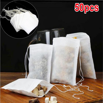 50 БР. Еднократни торбички за чай Празни ароматизирани торбички за чай Филтърни торбички за чай от нетъкан текстил с връв Heal Seal Чайни торбички Кухненски консумативи