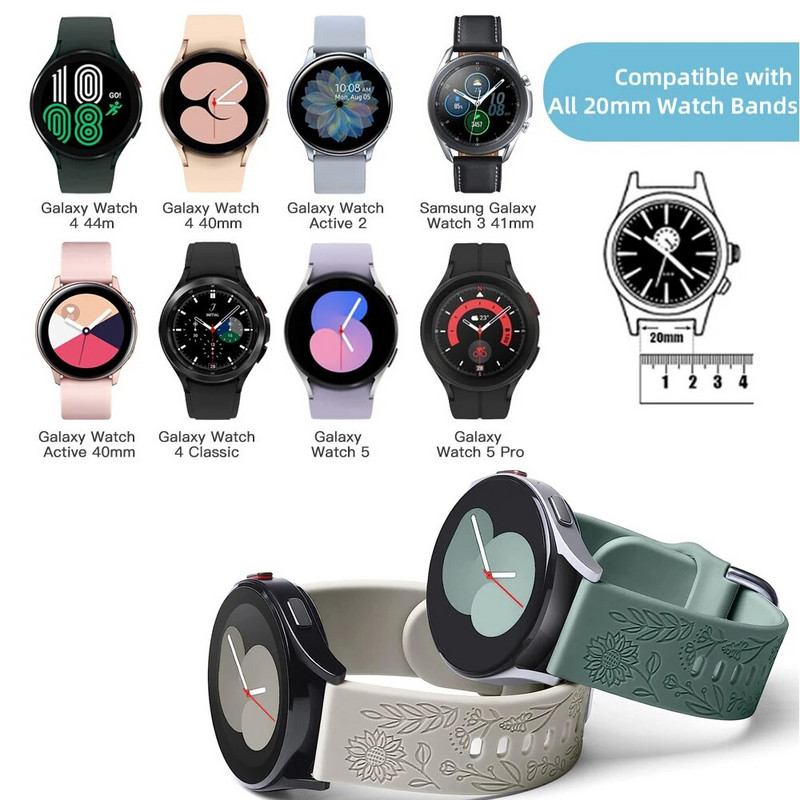 20 mm graviruotos saulėgrąžų juostos, skirtos „Samsung Galaxy Watch 5“ / „Watch 4“ / „Watch 6 40 mm“ 44 mm / „Galaxy Watch 5 Pro 45 mm / Galaxy Active 2“