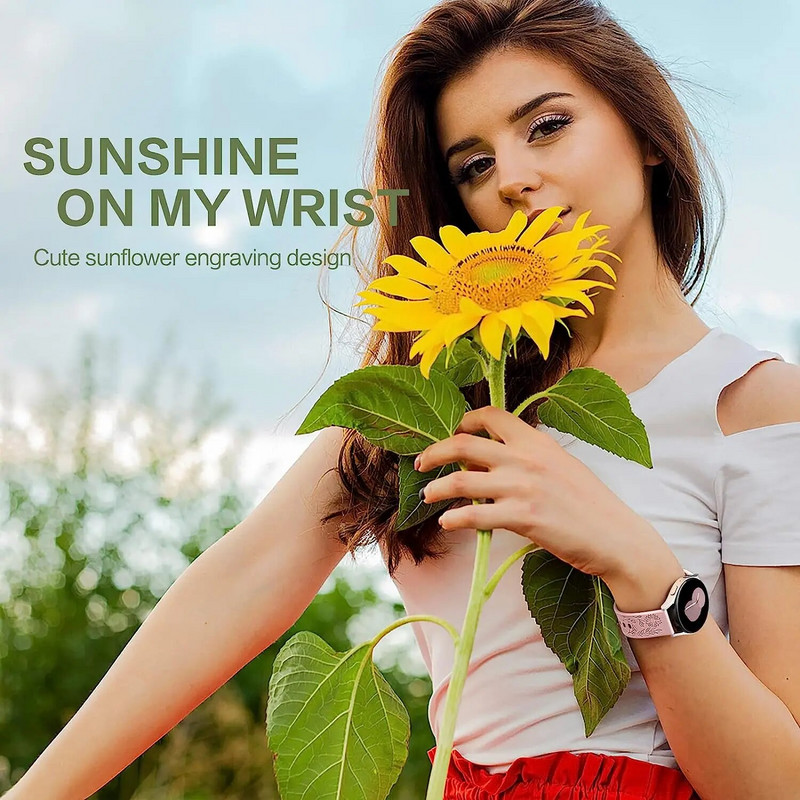 20 mm graviruotos saulėgrąžų juostos, skirtos „Samsung Galaxy Watch 5“ / „Watch 4“ / „Watch 6 40 mm“ 44 mm / „Galaxy Watch 5 Pro 45 mm / Galaxy Active 2“