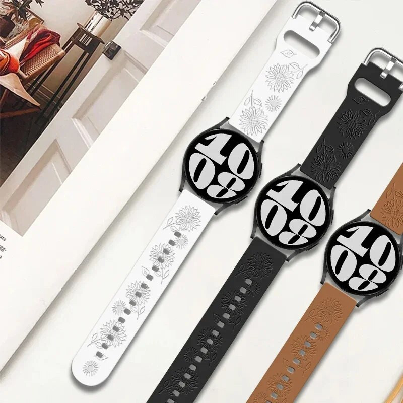 Χαραγμένο Floral Band για Samsung Galaxy Watch 6/4/classic/5/pro/3/Active 2 Bracelet Silicone Huawei GT3 GT4 Pro 20mm Watch Band