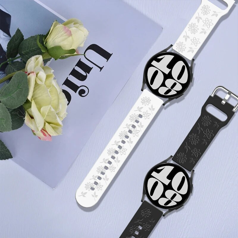 Χαραγμένο Floral Band για Samsung Galaxy Watch 6/4/classic/5/pro/3/Active 2 Bracelet Silicone Huawei GT3 GT4 Pro 20mm Watch Band