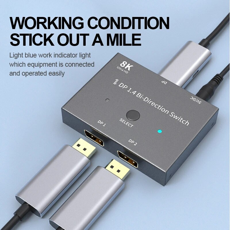 DisplayPort kapcsoló DP1.4 elosztó 8K kétirányú 1x2 / 2x1 adapter 8K@30Hz 4K@144Hz több forráshoz és Display Port HDR-hez