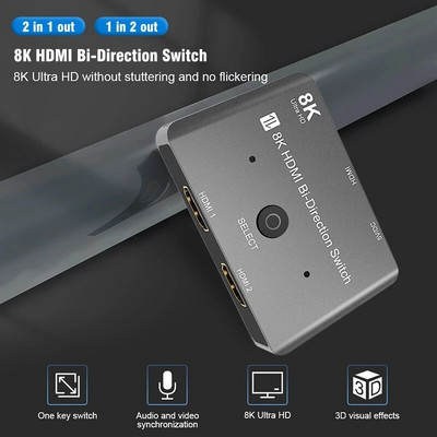 New HDMI-compatible 2.1 Switcher BiDirection Switch 1x2/2x1 Splitter Adapter 8K 60Hz 4K 120Hz 1080P 240Hz HDR for PS5 Xbox