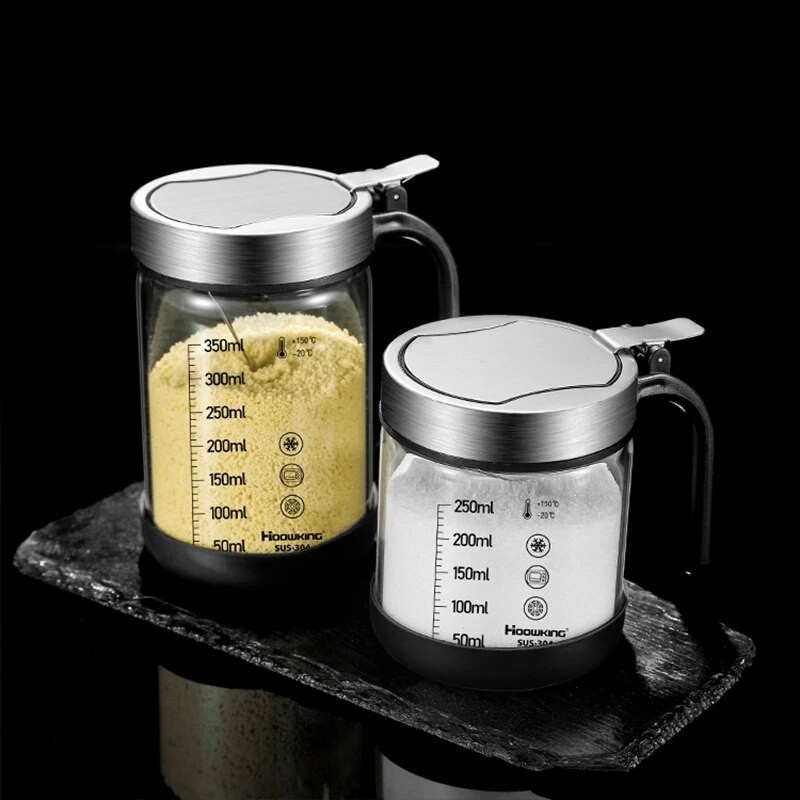 Y-152 Prieskonių stiklinis prieskonių indelis su šaukštu Cukraus dubuo Druskos plaktuvas Prieskonių indelis Virtuvės reikmenų laikymo rinkinys Prieskonių dėžutės