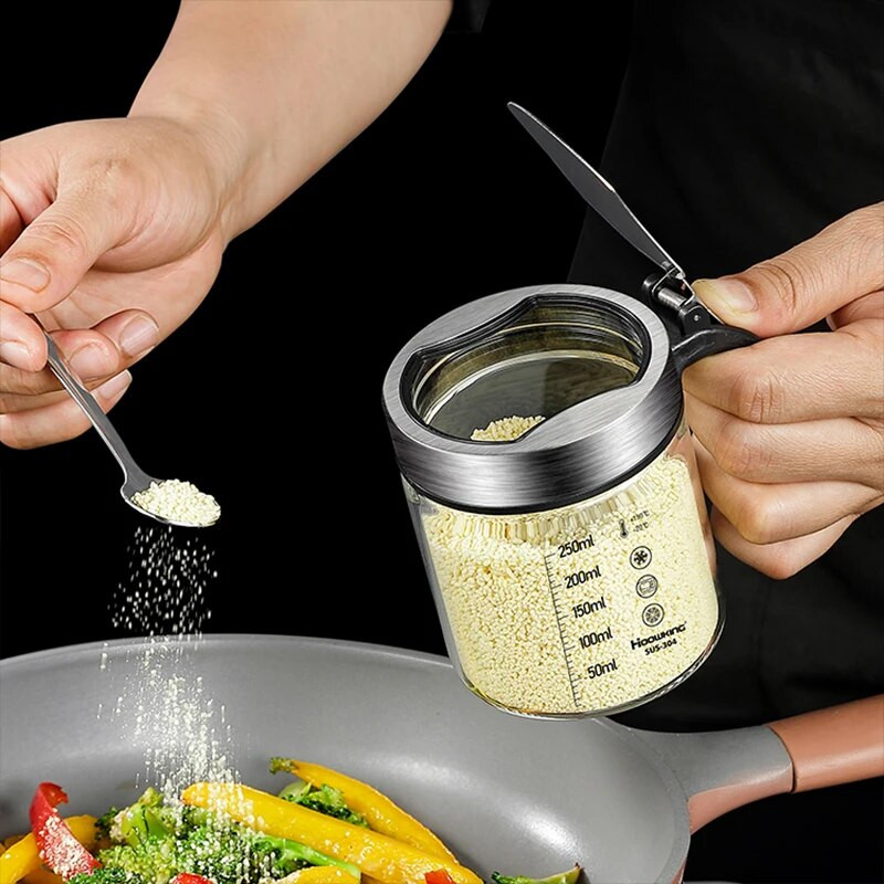 Y-152 Prieskonių stiklinis prieskonių indelis su šaukštu Cukraus dubuo Druskos plaktuvas Prieskonių indelis Virtuvės reikmenų laikymo rinkinys Prieskonių dėžutės