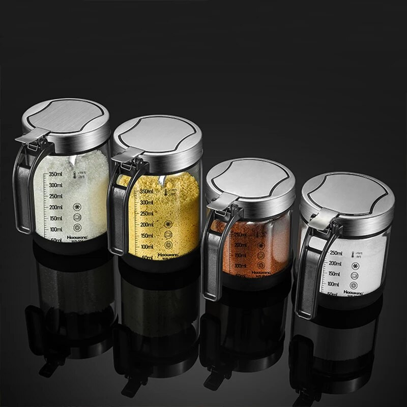 Y-152 Prieskonių stiklinis prieskonių indelis su šaukštu Cukraus dubuo Druskos plaktuvas Prieskonių indelis Virtuvės reikmenų laikymo rinkinys Prieskonių dėžutės