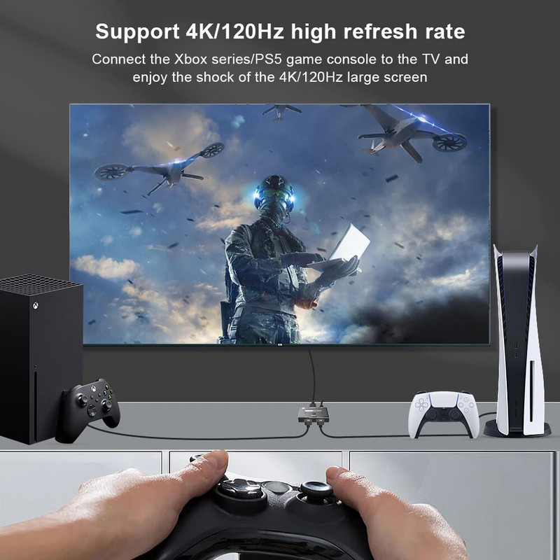 Su 8K HDMI suderinamas 2.1 krypties jungiklis itin didelės spartos 48Gbps HD 8K@60Hz 4K@120Hz skirstytuvo jungiklis 2 viename, skirtas PS5 Xbox