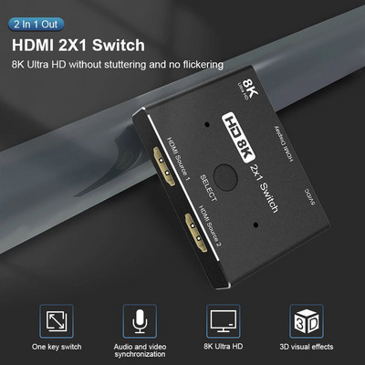 2 в 1 изход HDMI-съвместим 2.1 Превключвател Ultra HD 8K@60Hz 4K@120Hz Switcher Сплитер С бутон за превключване За 2 източника към 1 дисплей
