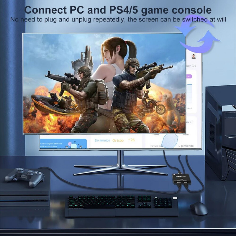 2 vienā izejā ar HDMI saderīgs 2.1 slēdzis Ultra HD 8K@60Hz 4K@120Hz Switcher Sadalītājs ar slēdža pogu 2 avotiem uz 1 displeju