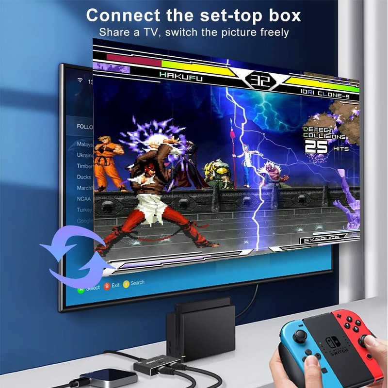 2 vienā izejā ar HDMI saderīgs 2.1 slēdzis Ultra HD 8K@60Hz 4K@120Hz Switcher Sadalītājs ar slēdža pogu 2 avotiem uz 1 displeju