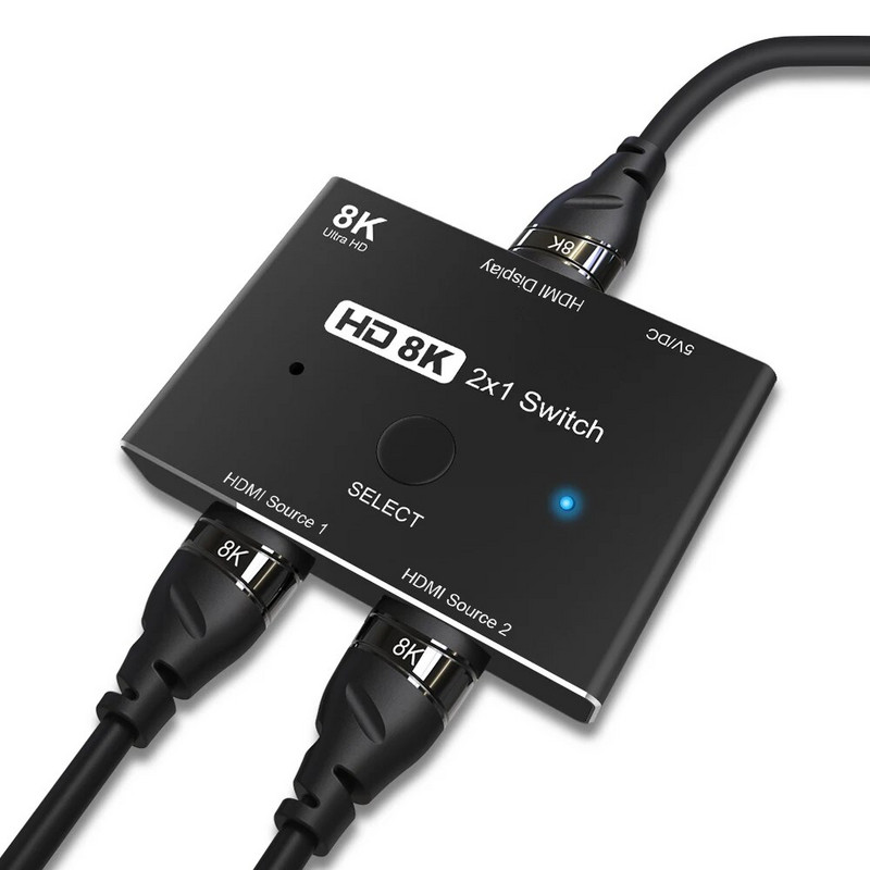 2 vienā izejā ar HDMI saderīgs 2.1 slēdzis Ultra HD 8K@60Hz 4K@120Hz Switcher Sadalītājs ar slēdža pogu 2 avotiem uz 1 displeju