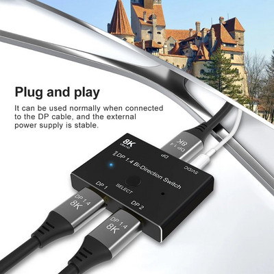 DP dvipusis jungiklis 2 į 1 iš 1 į 2 iš DP 1.4 Dviejų krypčių skirstytuvas, vieno klavišo jungiklis Prijunkite ir leiskite, kad galėtumėte bendrinti monitorių tuo pačiu ekranu