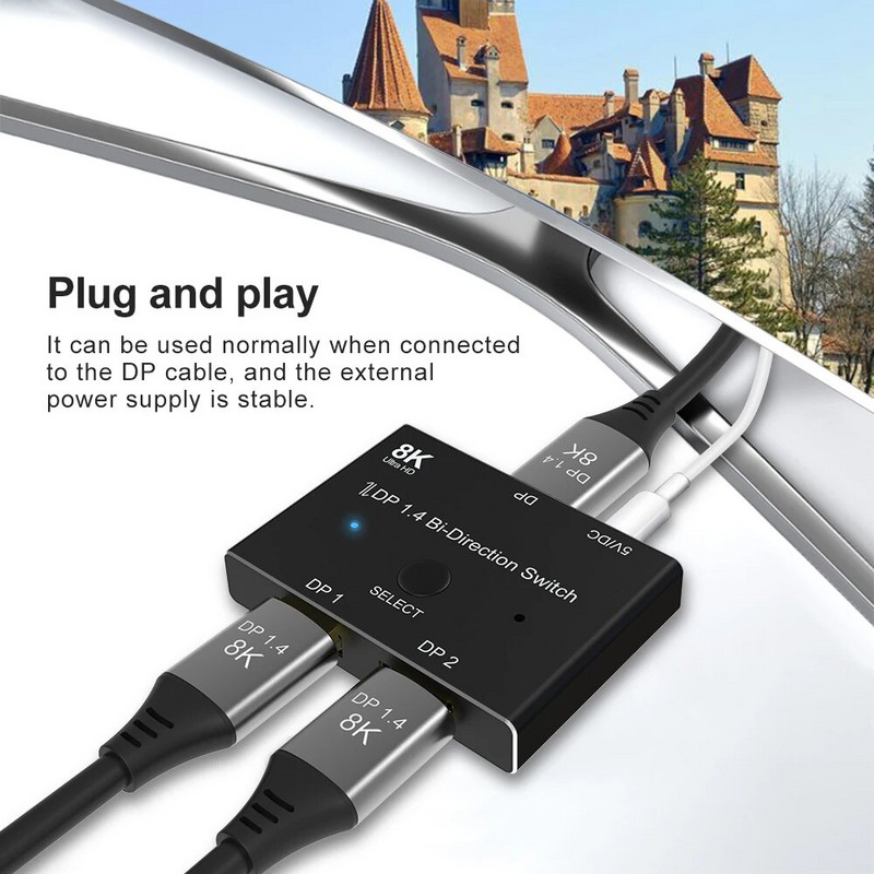 DP dvipusis jungiklis 2 į 1 iš 1 į 2 iš DP 1.4 Dviejų krypčių skirstytuvas, vieno klavišo jungiklis Prijunkite ir leiskite, kad galėtumėte bendrinti monitorių tuo pačiu ekranu