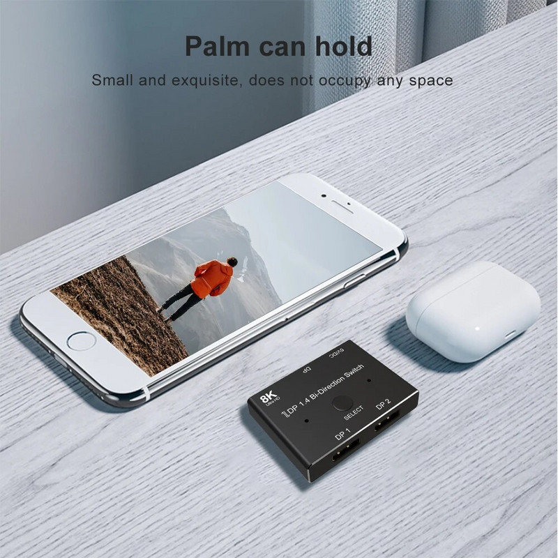 DP dvipusis jungiklis 2 į 1 iš 1 į 2 iš DP 1.4 Dviejų krypčių skirstytuvas, vieno klavišo jungiklis Prijunkite ir leiskite, kad galėtumėte bendrinti monitorių tuo pačiu ekranu