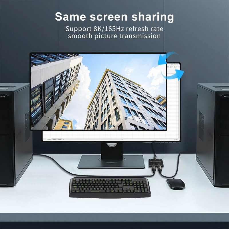 DP dvipusis jungiklis 2 į 1 iš 1 į 2 iš DP 1.4 Dviejų krypčių skirstytuvas, vieno klavišo jungiklis Prijunkite ir leiskite, kad galėtumėte bendrinti monitorių tuo pačiu ekranu