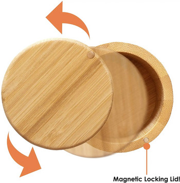 Бамбукова тройна кутия за сол Дървена кутия за подправки 3-степенна кръгла бамбукова кутия за сол или подправки с магнитен въртящ се капак Кутия за съхранение на подправки