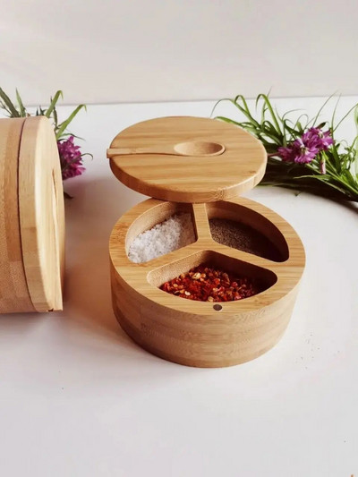 Bambuko triguba druskos dėžutė Medienos prieskonių dėžutė 3 pakopų apvali bambuko dėžutė druskai ar prieskoniams su magnetiniu pasukamu dangteliu prieskonių laikymo dėžutė