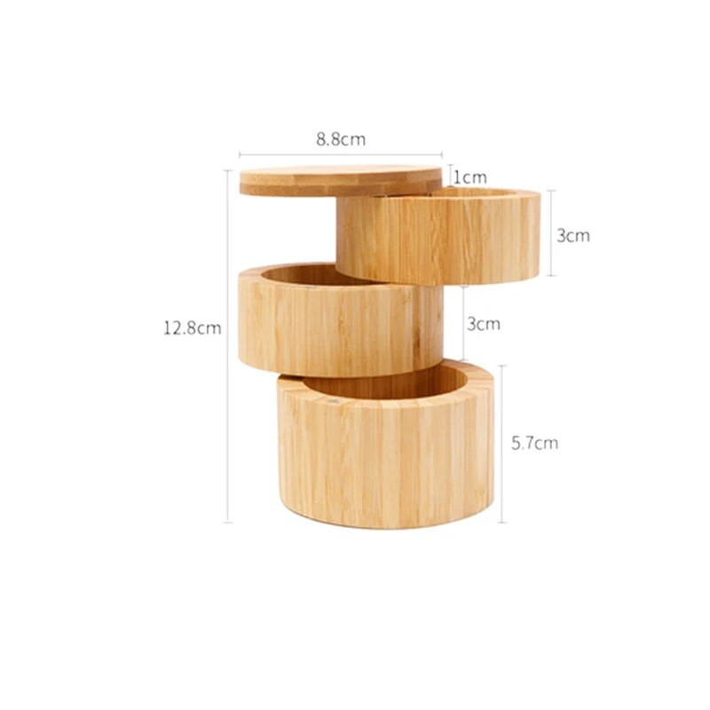Bambuko triguba druskos dėžutė Medienos prieskonių dėžutė 3 pakopų apvali bambuko dėžutė druskai ar prieskoniams su magnetiniu pasukamu dangteliu prieskonių laikymo dėžutė
