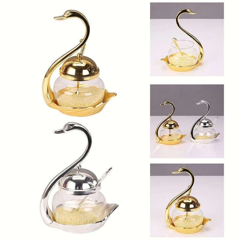 Swan prieskonių skardinė su šaukštu Swan Sugar Cup Cruet prieskonių indelis Prieskonių stiklinis indelis Gulbės stovas Namų apyvokos reikmenys Druska Cukrus
