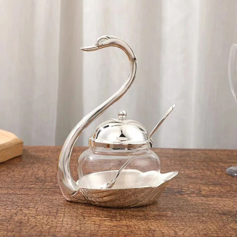 Swan prieskonių skardinė su šaukštu Swan Sugar Cup Cruet prieskonių indelis Prieskonių stiklinis indelis Gulbės stovas Namų apyvokos reikmenys Druska Cukrus