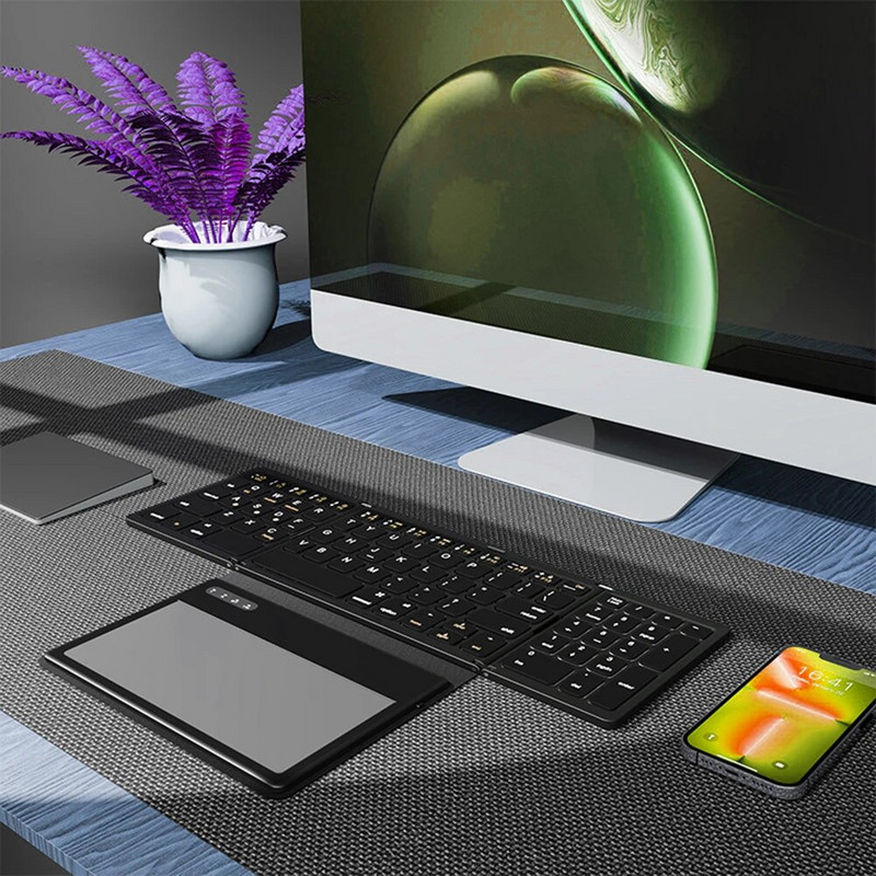 Belaidė klaviatūra su jutikliniu kilimėliu Nešiojama Bluetooth Ultra Slim Pocket sulankstoma klaviatūra, skirta Windows / Android / IOS / OS / HMS planšetiniam kompiuteriui