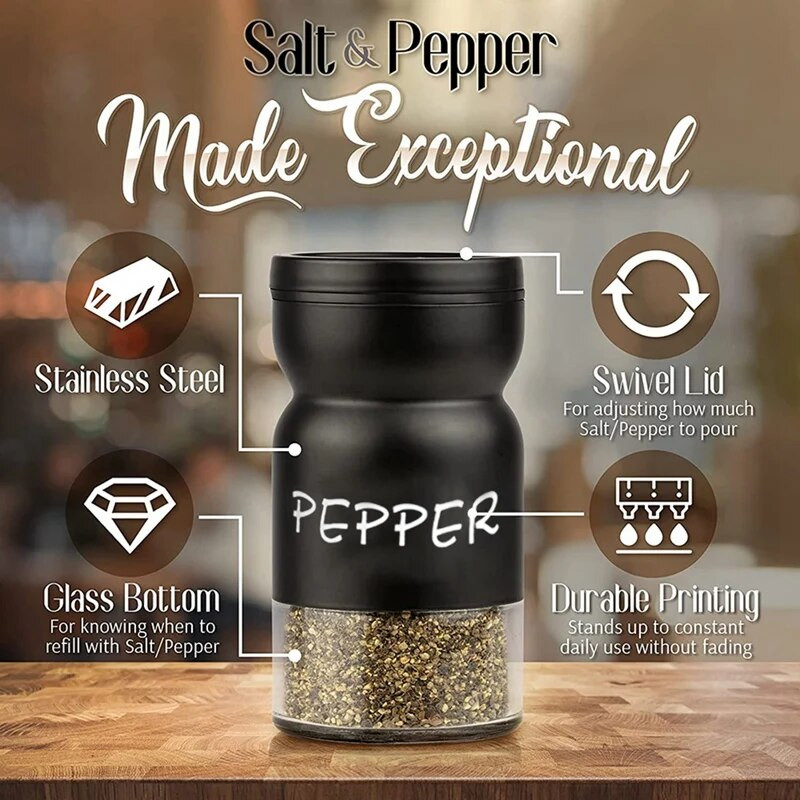 Sodybos druskos ir pipirų plaktuvų rinkinys su reguliuojamais dangteliais, modernus namų virtuvės dekoras, mielas plaktuvų rinkinys