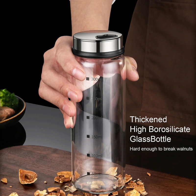 Stiklinis prieskonių buteliukas su 150/200/300 ml mastelio nerūdijančio plieno dangteliu, 4 išleidimo angos prieskonių stiklainis pipirų druskos plaktuvo talpykla virtuvės įrankis