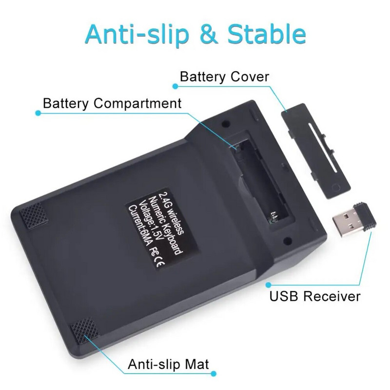 Mini belaidė skaitmeninė 2,4 GHz klaviatūra 18 klavišų skaitmeninė klaviatūra Pave Skaičių klaviatūra, skirta apskaitos kasykloms, nešiojamiesiems kompiuteriams, nešiojamiesiems kompiuteriams