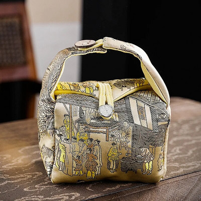 Nešiojamas arbatinuko arbatos puodelio laikymo krepšys Kinų stiliaus spausdinimo satino kelioninė arbatos rankinė vienam puodui du puodeliai Prabangios šventinės dovanos