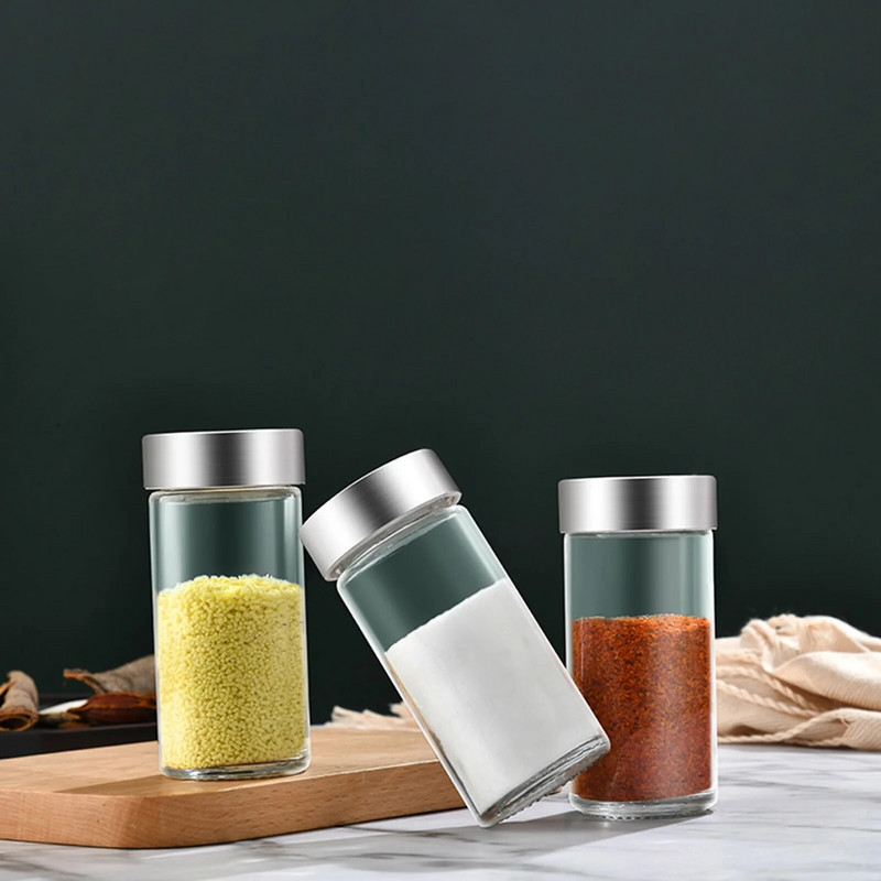 Stikliniai prieskonių indeliai su nerūdijančio plieno dangteliu Prieskonių indeliai Prieskonių indelis Druskos pipirų plaktuvai Prieskonių organizatoriai Virtuvės įrankiai