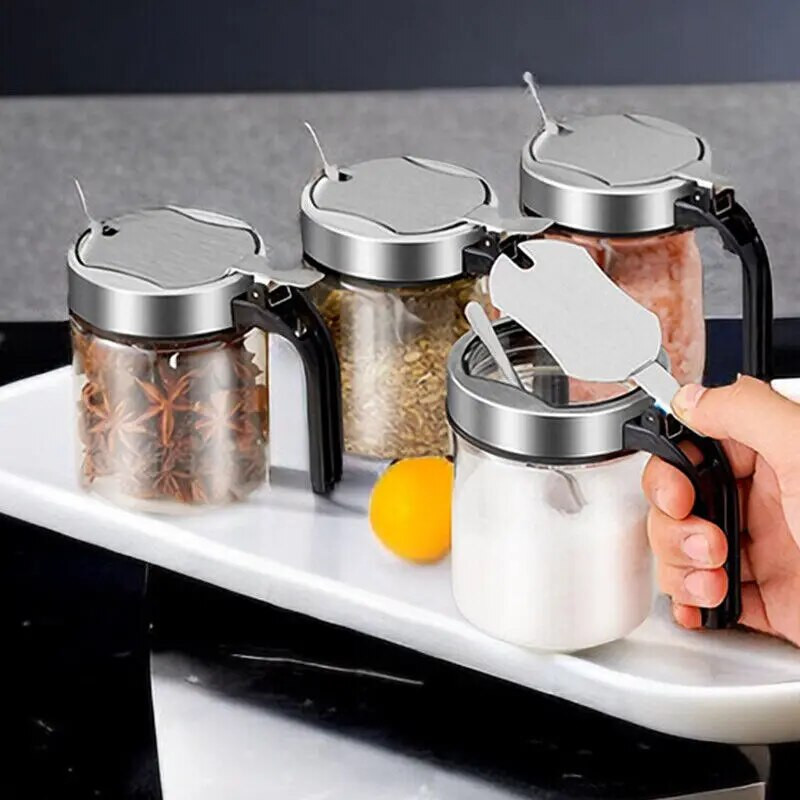 Prieskonių stiklinis prieskonių indelis su šaukštu Cukraus dubuo Druskos plaktuvas Prieskonių indelis Virtuvės reikmenų laikymo rinkinys Prieskonių dėžutės