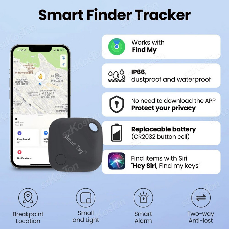 Išmanusis GPS sekiklis veikia su „Find My APP“, „Anti-Lost“ priminimo įrenginiu, skirtu „IOS“ sistemos žymų lokatoriui MFI, suderinama su „Bluetooth“