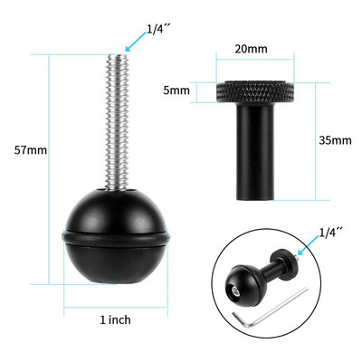 1 colio rutulinės galvutės adapteris 1/4 colio prisukamas fiksuotas drugelio segtukas, skirtas Gopro SLR fotoaparatui po vandeniu nardymo laikiklio dėklo šviesos spaustukas