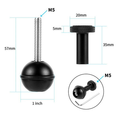 1 colio rutulinės galvutės adapteris 1/4 colio prisukamas fiksuotas drugelio segtukas, skirtas Gopro SLR fotoaparatui po vandeniu nardymo laikiklio dėklo šviesos spaustukas
