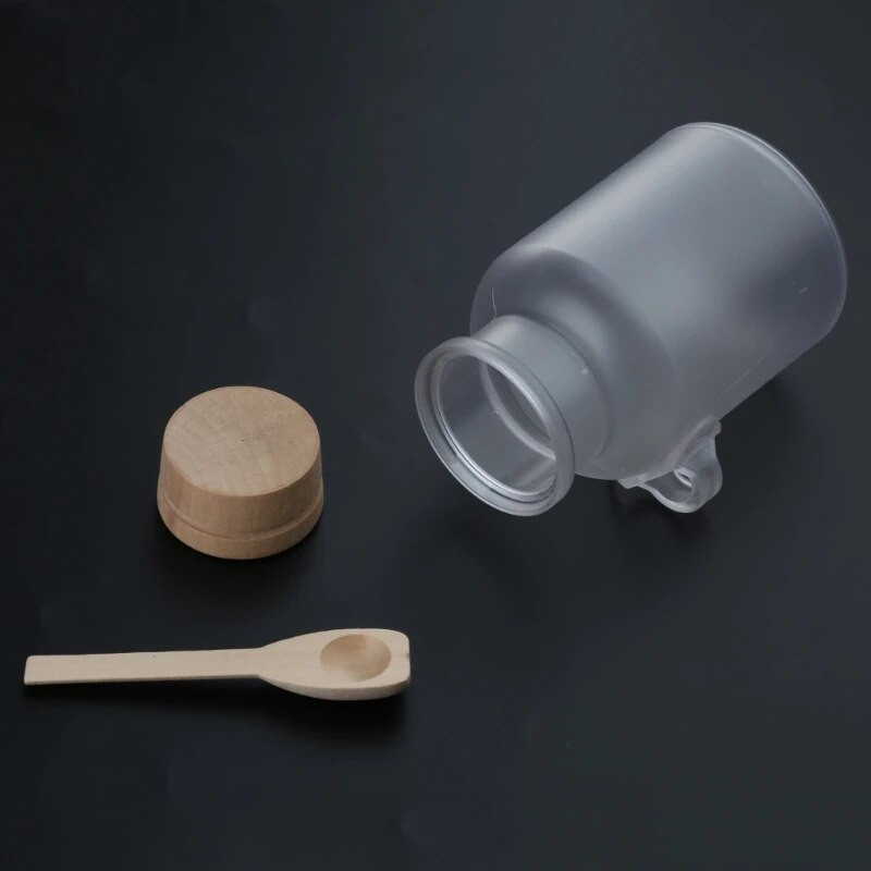 Vannisoola pudel puidust lusika ja pehme korgiga, mündihelmeste ehete rõngaskõrvarõnga hoiukork