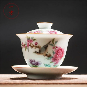 175ML Art Bird Gaiwan Керамично порцеланово цвете Голяма купа за чай Чиния с капак Комплект Master Tea Tureen Drinkware Подарък Home Decor Craft