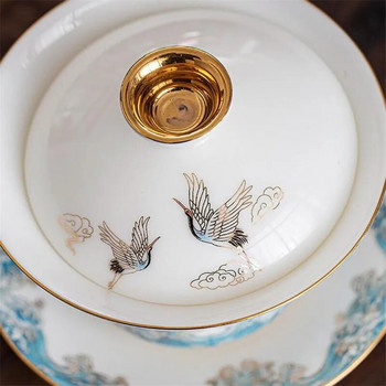 175ML Art Bird Gaiwan Керамично порцеланово цвете Голяма купа за чай Чиния с капак Комплект Master Tea Tureen Drinkware Подарък Home Decor Craft