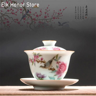 175 ml Art Bird Gaiwan kerámia porcelán virág nagy teástál csészealj fedőkészlet mester tea tureen ivóedény ajándék lakberendezési kézműves