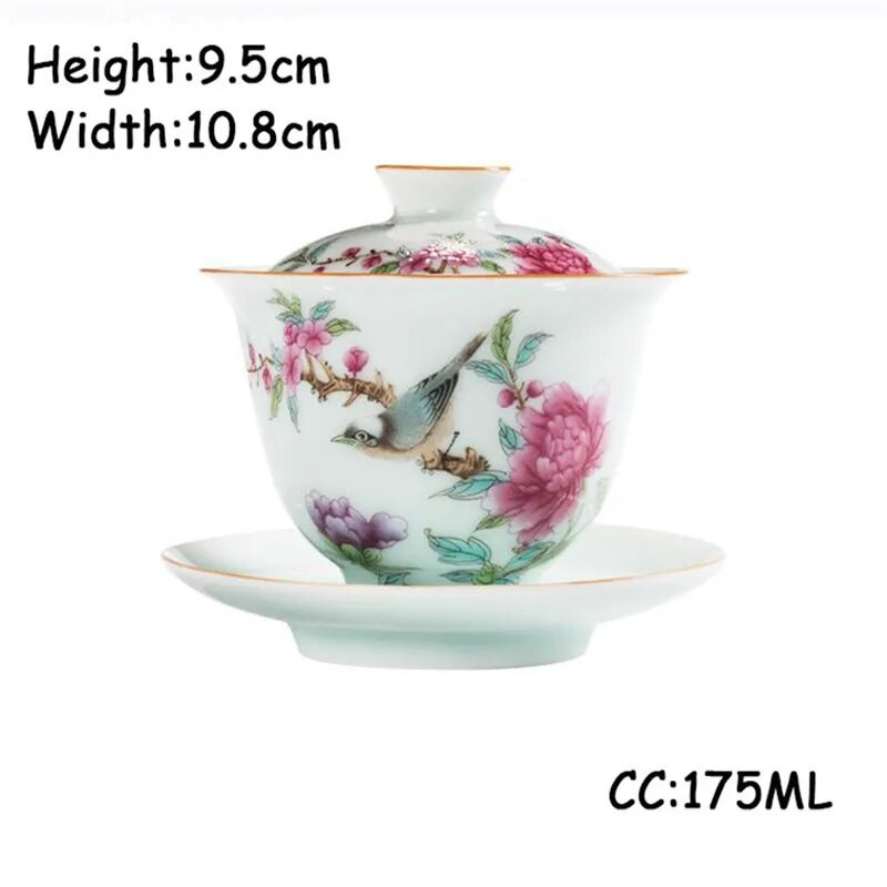 175ml Art Bird Gaiwan Keraminė porcelianinė gėlė Didelė arbatos dubenė lėkštės dangtelis komplektas Master Tea Tureen Gėrimų indai Dovanų namų dekoro amatai