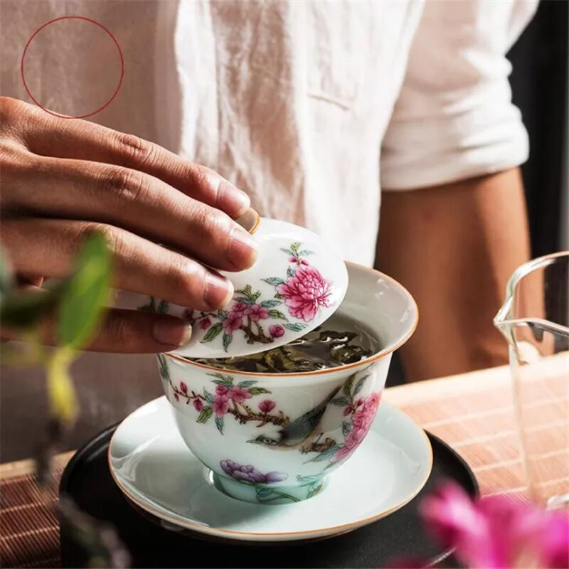 175ml Art Bird Gaiwan Keraminė porcelianinė gėlė Didelė arbatos dubenė lėkštės dangtelis komplektas Master Tea Tureen Gėrimų indai Dovanų namų dekoro amatai
