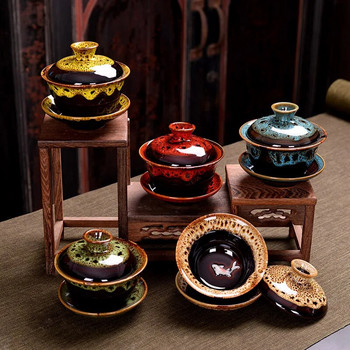 Многоцветна пещ Fambe Порцеланова супница за чай Малка кунг фу Temmoku Glaze Ceramics Gaiwan Japanese Master Teacup Ретро чаена церемония